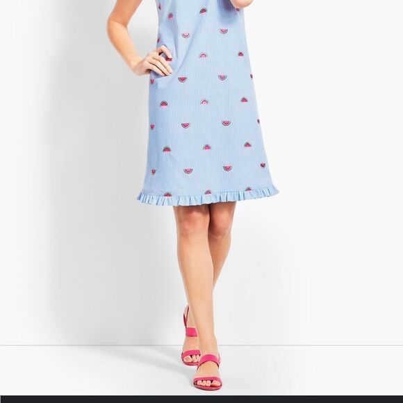 Talbots NWT seersucker Blue striped Watermelon embroidered dress size 14 $119 - Picture 12 of 12